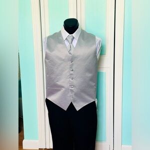 Platinum Silver Gray Satin Closed Back Vest and tie Wedding Prom Men’s Medium M